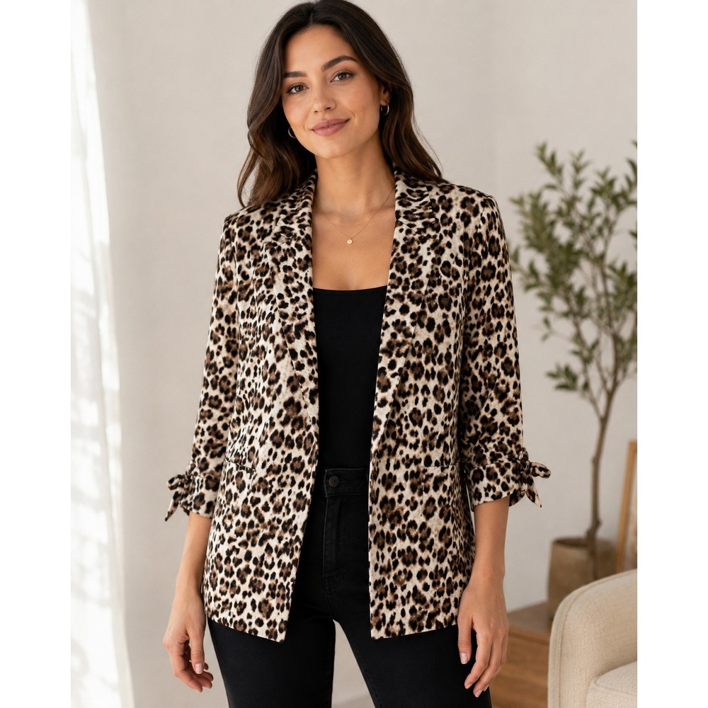 Ellison Leopard Print Blazer Womens Large Brown Animal Tie Sleeve TJ9079-6